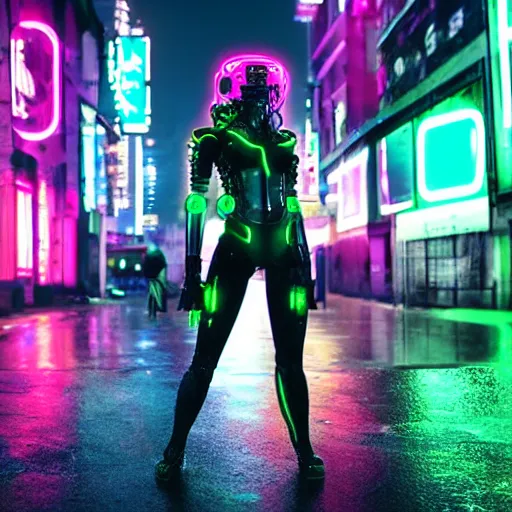 Prompt: cyberpunk robot women in neon city standing in the rain,