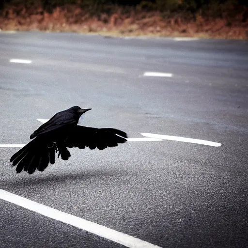 Image similar to a very HD and realistic photo of a crow flying over an accident, people used to say that the crow is the incarnation of the spirit of the accident victim who died