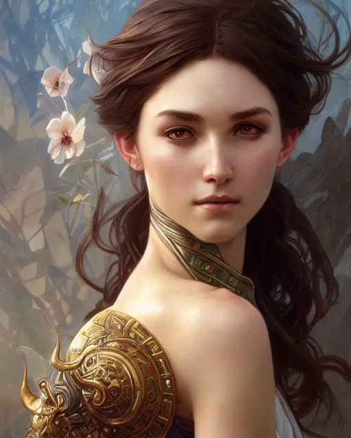 Image similar to a fantasy character portrait, ultra realistic, intricate, elegant, highly detailed, digital painting, artstaion, smooth, sharp, focus, illustration, art by artgerm and greg rutkowski and alphonse mucha