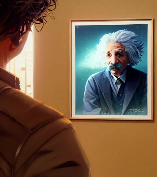 Image similar to Highly detailed portrait Einstein in GTA V, Stephen Bliss, unreal engine, fantasy art by Greg Rutkowski, Loish, Rhads, ferdinand knab, Makoto Shinkai and Lois van baarle, ilya kuvshinov, rossdraws, Tom Bagshaw, global illumination, radiant light, detailed and intricate environment