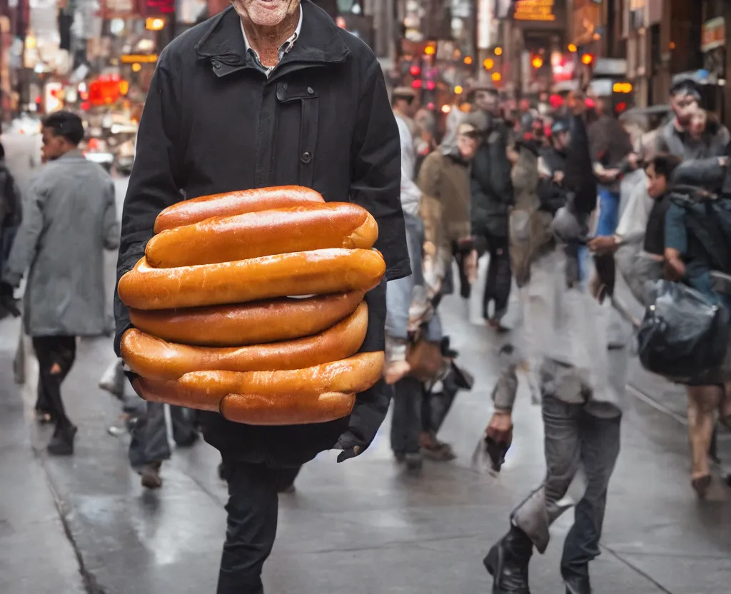 Prompt: closeup portrait of a man carrying a giant hotdog, smoky new york back street, by Annie Leibovitz and Steve McCurry, natural light, detailed face, CANON Eos C300, ƒ1.8, 35mm, 8K, medium-format print