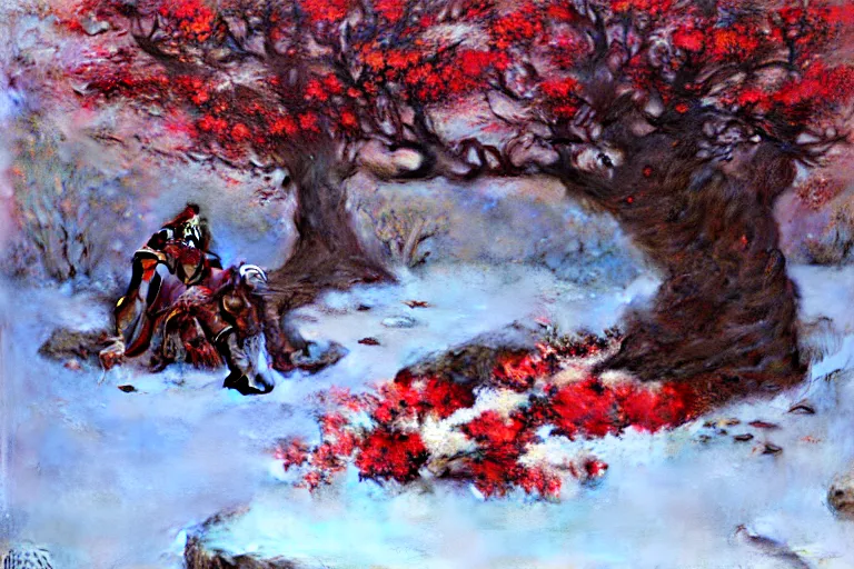 Image similar to winter, a male warrior relaxing under a huge tree with red flowers, ground covered with snow, extreme long shot, fantasy, painting by gaston bussiere, craig mullins, j. c. leyendecker, trending on artstation