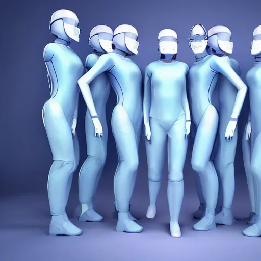 Image similar to troop of cloned women with white bob hairdos, tight light blue neopren suits, futuristic cloning facility, sci - fi, highly detailed, cinematic