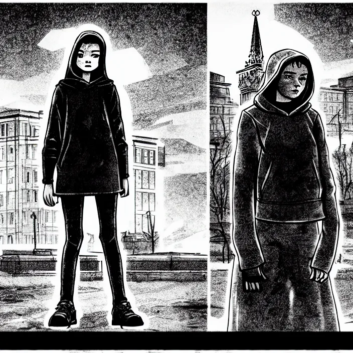 Image similar to storyboard : sadie sink in hoodie sits on bench in ruined square, pedestrians walk by, soviet monument and propaganda posters. scifi cyberpunk. by gabriel hardman. cinematic atmosphere, detailed and intricate, perfect anatomy