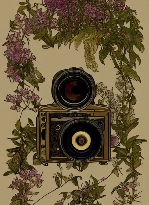 Image similar to photographer looking through a vintage camera, design on white background, beautiful details, lush foliage, gold, drawn by john singer sargent, studio ghibli, alphonso mucha, lolish, trending on artstation