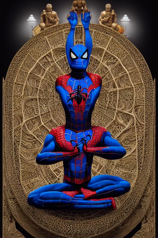 Prompt: digital masterpiece illustration concept art of porcelain statue of buddha gautama as spiderman, virasana, lotus, padmasana, extremely detailed and intricate complexity, epic composition, magical atmosphere, cinematic lighting, wide long shot, trending on artstation, 8 k