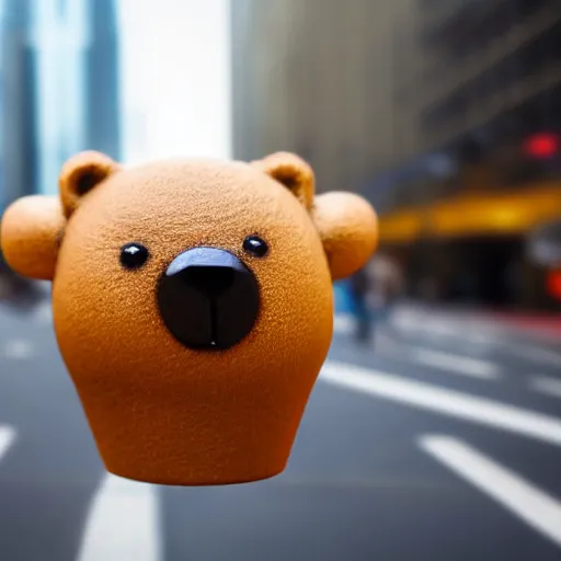 Prompt: a cute small bear cup in the middle of a busy street with skyscrapers, low angle camera, cinematic, very detailed, 4 k, depth of field