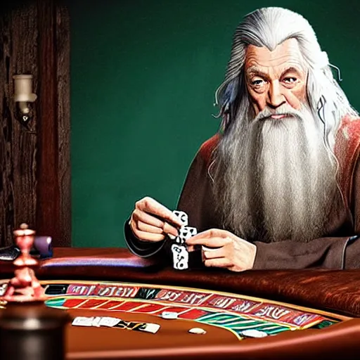 Image similar to gandalf playing poker, casino, highly detailed, digital art