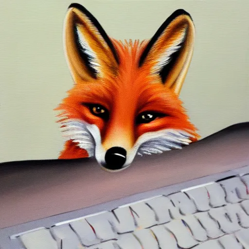 Prompt: oil painting of a fox typing on a laptop