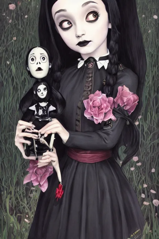 Image similar to beautiful cottagecore Ariana Grande as Wednesday Addams holding a Coraline doll, Black Hair, Goth, gothic, castlevania, intricate, elegant, highly detailed, digital painting, artstation, concept art, smooth, sharp, focus, illustration, art by artgerm and greg rutkowski and alphonse mucha