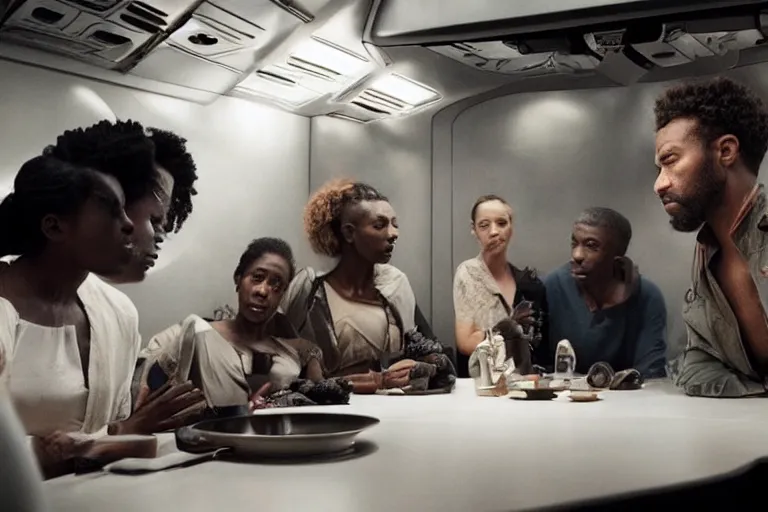 Prompt: movie closeup diverse interracial small team of European sci-fi futuristic space explorers talking at the table in a spaceship kitchen, beautiful skin, Symmetrical faces. Beautiful lighting by Emmanuel Lubezki