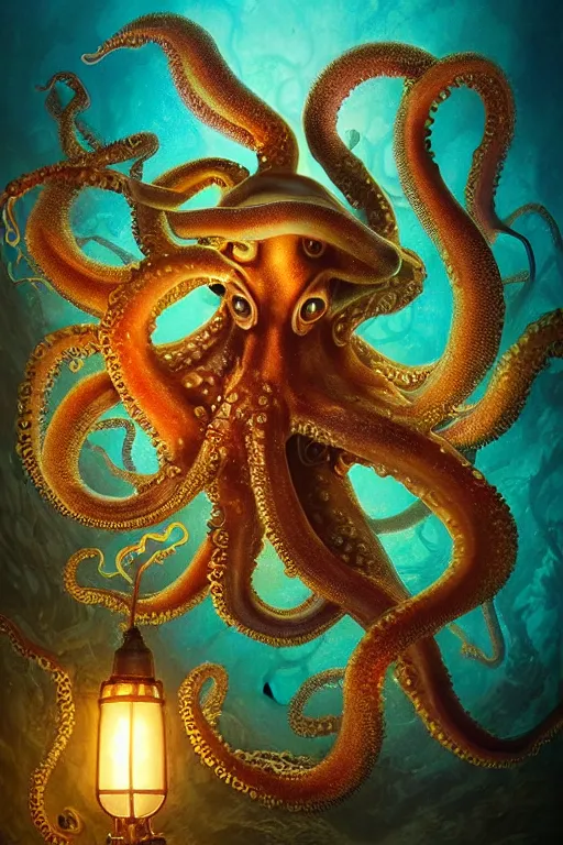 Prompt: a stunning ultra detailed underwater fantasy fine art photo of an octopus holding a glowing lamp, overgrown with colorful polyps, by tomasz alen kopera and anna dittman, water bubbles, very detailed, deep depth of field, 5 0 mm lens, golden hour hues, soft lighting, artstation, highly coherent, 8 k