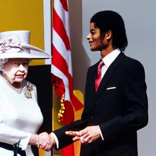 Image similar to pim fortuyn and michael jackson shaking hands, on a podium, in front of the queen