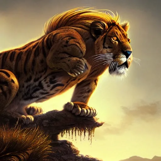 Prompt: a hyperrealistic illustration of a mix of puma and jaguar and lion and tiger jumping over a cliff, giant cat monster, 8 k ultra realistic animal, detailed intricate fur, flame in the fur, with fractal sunlight, award - winning, masterpiece, in the style of tom bagshaw, cedric peyravernay, peter mohrbacher