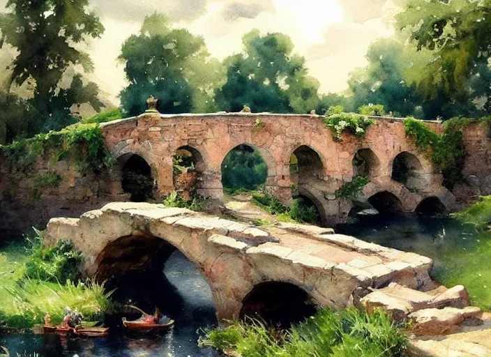 Image similar to watercolor of rustic stone bridge with mural, ivy, summer daylight, bright clear day, clouds, high detailed art by dennis miller bunker, work by anders zorn, wonderful masterpiece by greg rutkowski, beautiful cinematic light, american romanticism by greg manchess, creation by tyler edlin