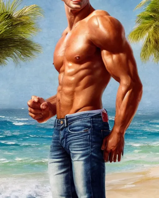 Prompt: emmanuel macron on the beach, in jeans, herculean, bulging muscular figure, beautiful gigachad, soft lighting, highly detailed face, sharp focus, artstation, sophie anderson, arnold armitage, loish, thomas kinkade