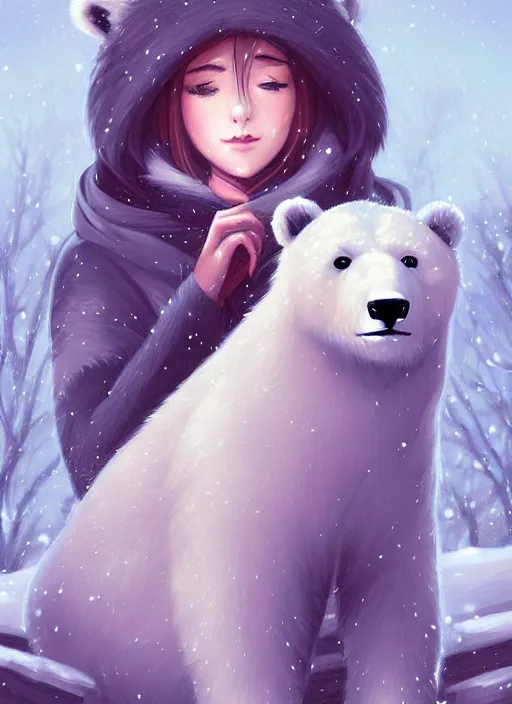 Prompt: award winning beautiful portrait commission art of a female furry anthro polar bear fursona with a cute beautiful attractive detailed feminine furry face wearing cute stylish winter clothes at a comfy winter cabin at dusk by firelight. Character design by charlie bowater, ross tran, artgerm, and makoto shinkai, detailed, inked, western comic book art