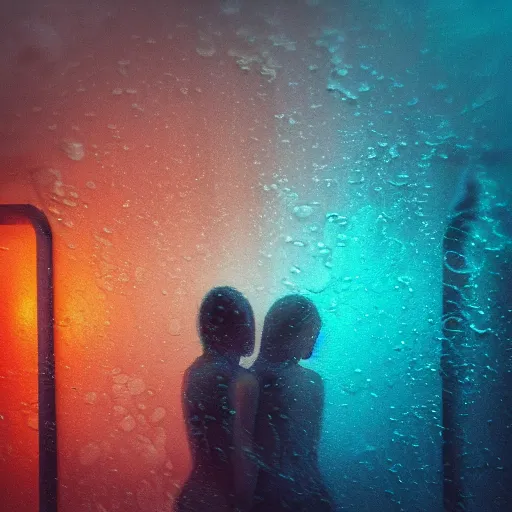 Image similar to a blurry closeup picture of gorgeous human bodies intertwined, female bodies, no face, dripping wet, macro photography, long exposure photograph, surrealism, anamorphic bokeh, cozy, soft light, cyan and orange, caustic, atmospheric fog, octane render, cinematic