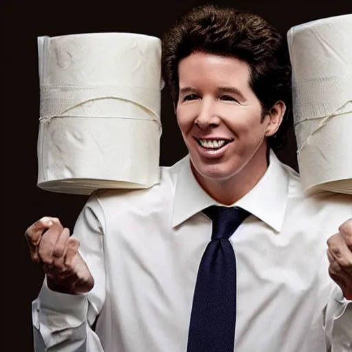 Prompt: Joel Osteen on a package of toilet paper