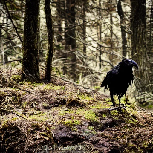 Prompt: werecreature crow, photograph captured in a forest