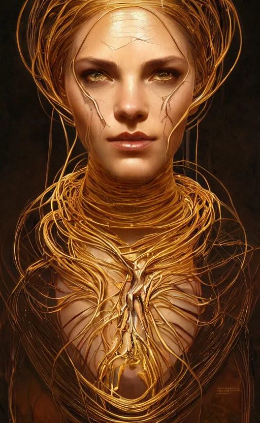 Image similar to portrait of a dark goddess, gold wires, visible veins and nerves, intricate, headshot, highly detailed, digital painting, artstation, concept art, sharp focus, cinematic lighting, illustration, art by artgerm and greg rutkowski, alphonse mucha, cgsociety