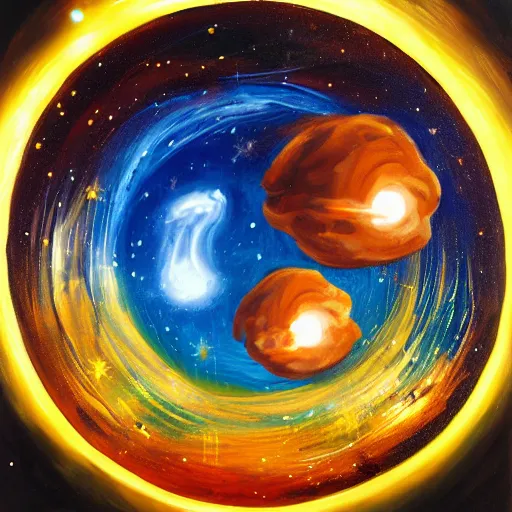 Image similar to a painting of a coin with space explosions