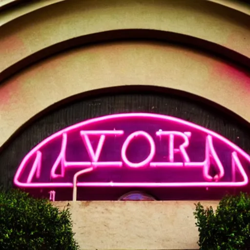 Image similar to A pink neon sign with rounded lowercase letters O, D, O, O above the front door of a cathedral