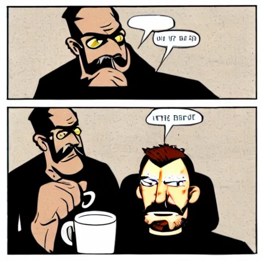 Prompt: Gordon Freeman and doomguy drink coffee