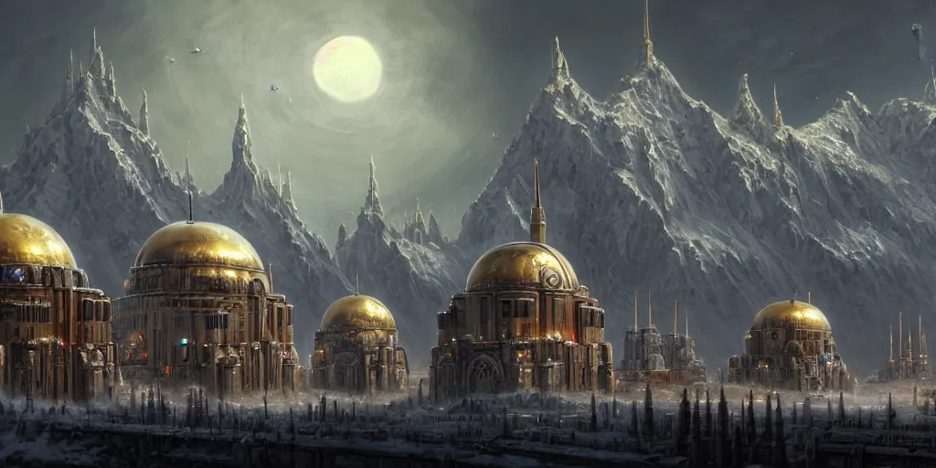 Prompt: a beautiful highly detailed matte painting of a huge imperial Russian futuristic brutalist palace, snow capped mountains in the background, black domes and radio spires with blinking lights, Space Hulk, WarHammer 40k by Jose Daniel Cabrera Pena and Leonid Kozienko, concept art-H 640