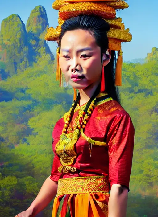 Prompt: photo of a gorgeous lao woman wearing a traditional laos dress in the style of stefan kostic, realistic, sharp focus, 8 k high definition, insanely detailed, intricate, elegant, art by stanley lau and artgerm