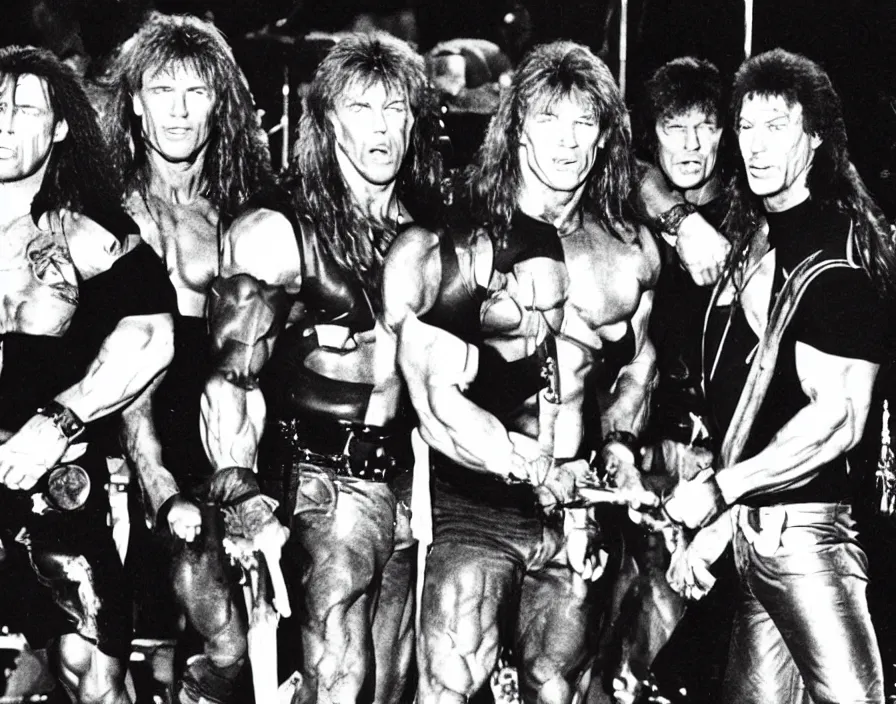 Image similar to colour photo off arnold schwarzenegger, sylvester stallone, dolph lundgren, Chuck Norris and Jean-Claude Van Damme in a heavy metal band, playing on stage in a heavy metal band 1985