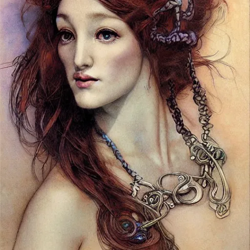 Prompt: realistic detailed face and body portrait of a mermaid with a fish tale by gerald moira, ayami kojima, amano, greg hildebrandt, ann long, and sandra ovenden, female, feminine, art nouveau, victorian, neo - gothic, gothic, character concept design