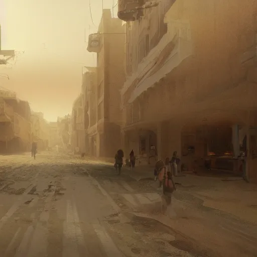 Image similar to sandstorm in a little town, realistic, 8 k, extremely detailed, cgi, trending on artstation, hyper - realistic render, by greg rutkowski