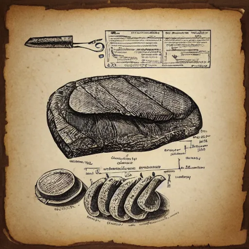 Image similar to highly detailed schematic of steak, parchment, da vinci