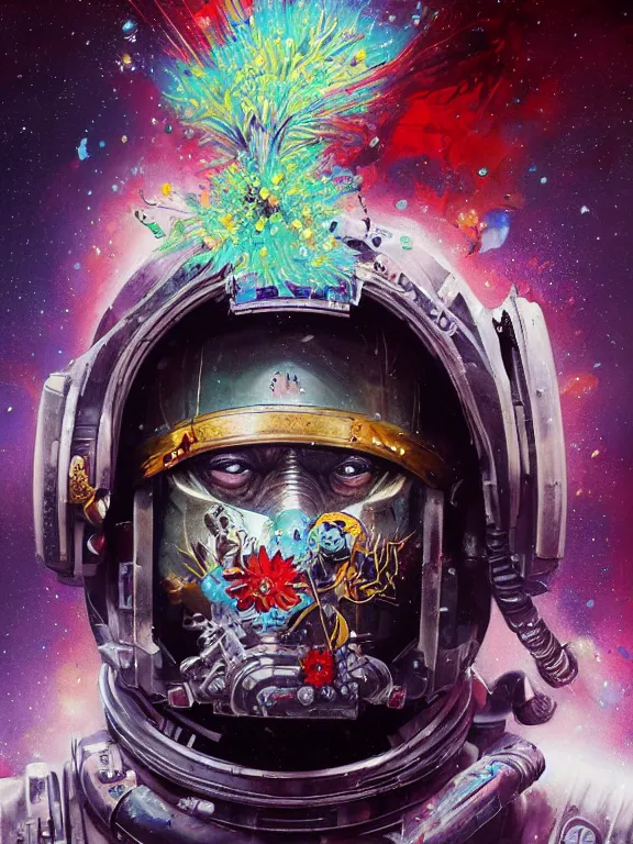 Image similar to art portrait of space marine with flower exploding out of head,8k,by tristan eaton,Stanley Artgermm,Tom Bagshaw,Greg Rutkowski,Carne Griffiths,trending on DeviantArt,face enhance,hyper detailed,minimalist,cybernetic, android, blade runner,full of colour,