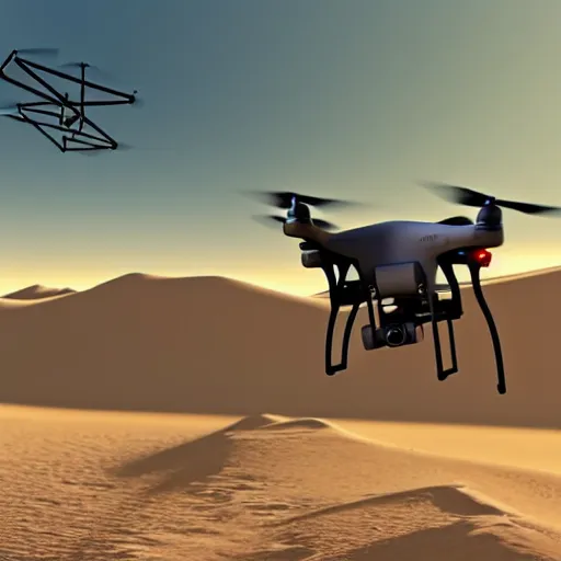 Prompt: drone with missiles flying over a cabin in the dessert realistic
