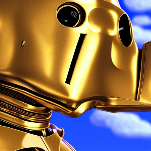 Image similar to image portrait of Simpson as C3PO in star wars, background blue sky puffy clouds cinematic 4k