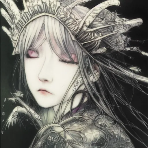 Image similar to yoshitaka amano blurred and dreamy illustration of an anime girl with black eyes, wavy white hair fluttering in the wind wearing elden ring armor and crown with engraving, highly detailed face, abstract black and white patterns on the background, noisy film grain effect, highly detailed, renaissance oil painting, weird portrait angle, blurred lost edges, three quarter view