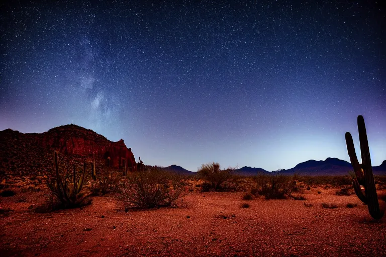 Prompt: beautiful moonlit dark starry landscape photography of an Arizona desert, lake, dramatic lighting