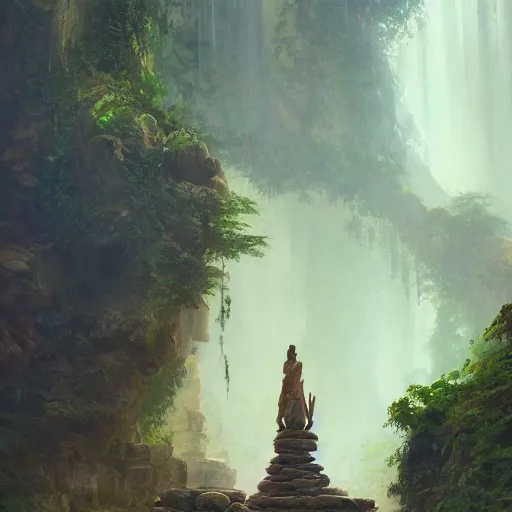 Image similar to concept art of a jungle path with a huge stone woman statue, religious, in the style of fenghua zhong and ruan jia and jeremy lipking and peter mohrbacher, mystical colors, rim light, beautiful lighting, 8 k, stunning scene, raytracing, octane, trending on artstation