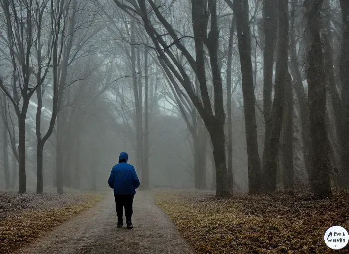 Image similar to a 3 5 mm photo from the back of a senior citizen walking in the misty snowy woods, splash art, movie still, bokeh, canon 5 0 mm, cinematic lighting, dramatic, film, photography, cold blue light, depth of field, award - winning, anamorphic lens flare, 8 k, hyper detailed, 3 5 mm film grain