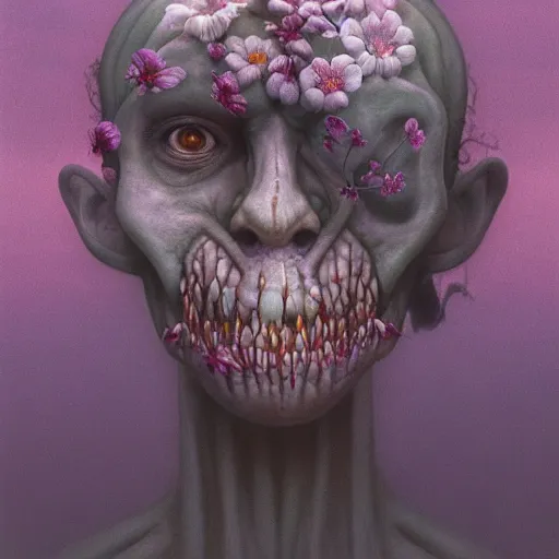 Image similar to a nature portrait of a p - zombie!!! natural lighting art dawn. highly detailed. colourful. moody. artstation, 4 k, by gerald brom zdzisław beksinski, and ansel adams and studio ghibli, horror, lots of sakura flowers, lovely