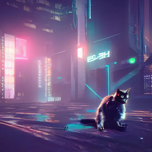 Prompt: cyberpunk cat, ethereal lights, unreal engine