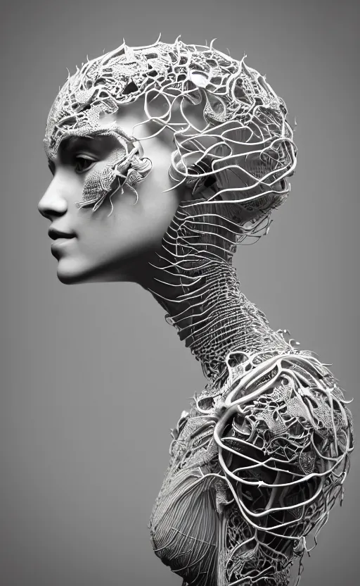 Prompt: complex 3d render of a beautiful profile woman face, vegetal dragon cyborg, 150 mm, beautiful natural soft light, rim light, silver details, magnolia stems, roots, fine lace, maze like, mandelbot fractal, anatomical, facial muscles, cable wires, microchip, elegant, highly detailed, white metallic armour, smoke vapour tornado, octane render, black and white, H.R. Giger style