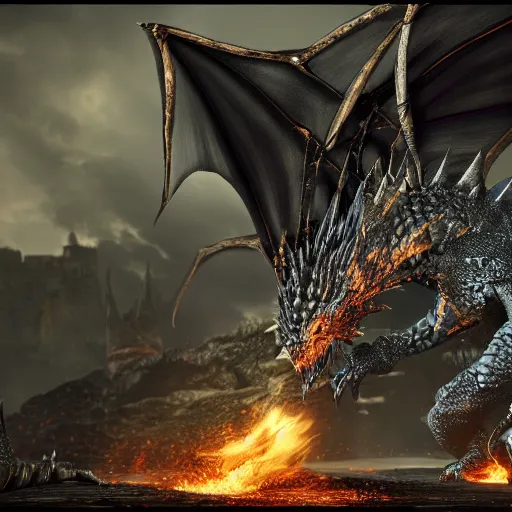 Image similar to dark souls dragon, screenshot, 4 k, highly detailed