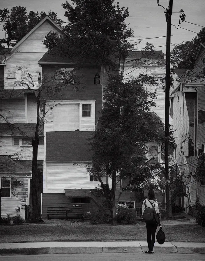 Image similar to “ quiet american neighborhood, a woman waiting holding a backpack, in the style of gregory crewdson ”