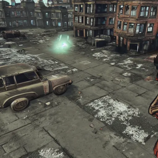 Image similar to Edinburgh in ruins post nuclear war, Fallout 4, in game screenshot