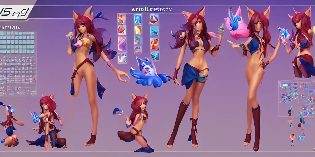 Prompt: Character sheet of pool party ahri (League of Legends). 3d unreal engine 5 trending on artstation