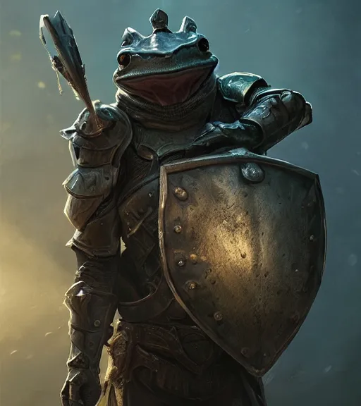 Prompt: a frog knight holding a shield, battle armor, atmospheric lighting painted intricate volumetric lighting, beautiful, sharp focus, ultra detailed by leesha hannigan, ross tran, thierry doizon, kai carpenter, ignacio fernandez rios