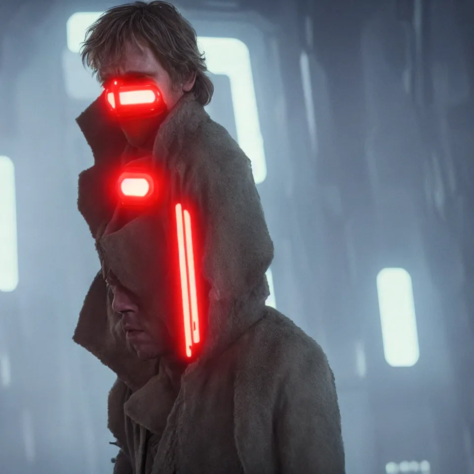 Prompt: Harrowing Luke Skywalker wearing cyberpunk gadgets in the style of Blade Runner 2049 (2017). Cinematic. Professional Photo. UHD. 8k. Clear Face.